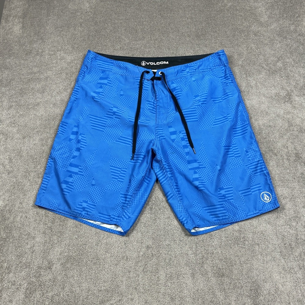 Volcom Board Shorts Mens 38 x 10 Blue Abstract Surf Swim Summer Beach Casual